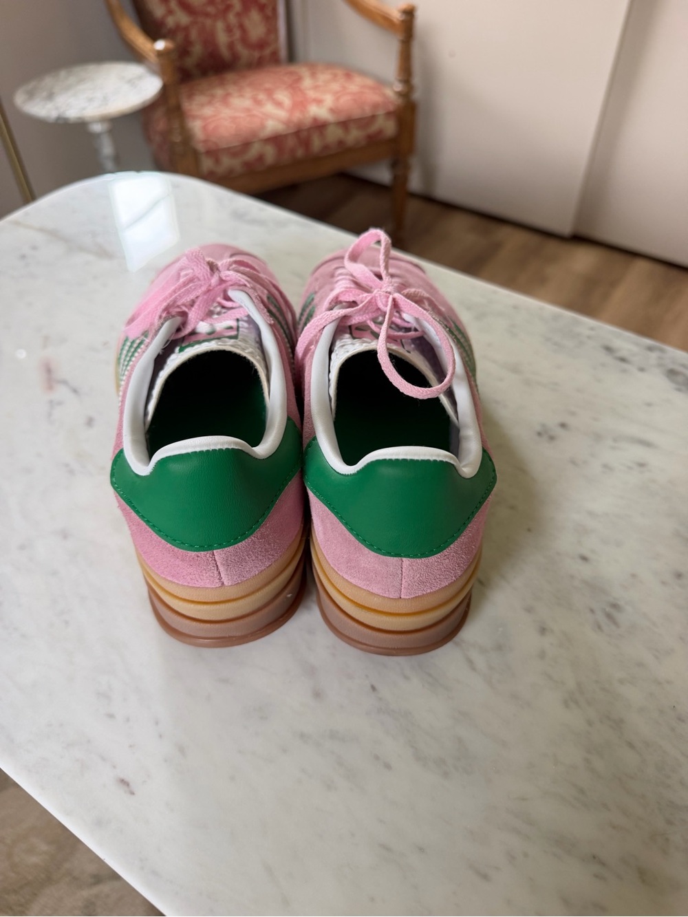 adidas Women’s Pink Suede Sneakers with Green Stripes - Picture 3 of 4